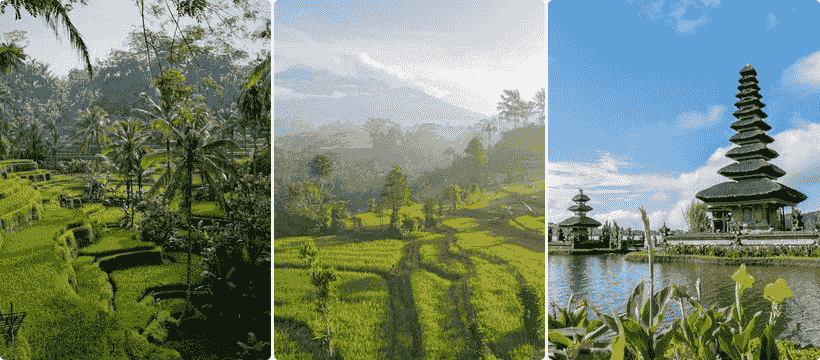 Bali area map infographic: Ubud, Seminyak, Canggu, Nusa Dua and Uluwatu compared with transport routes and daily budgets