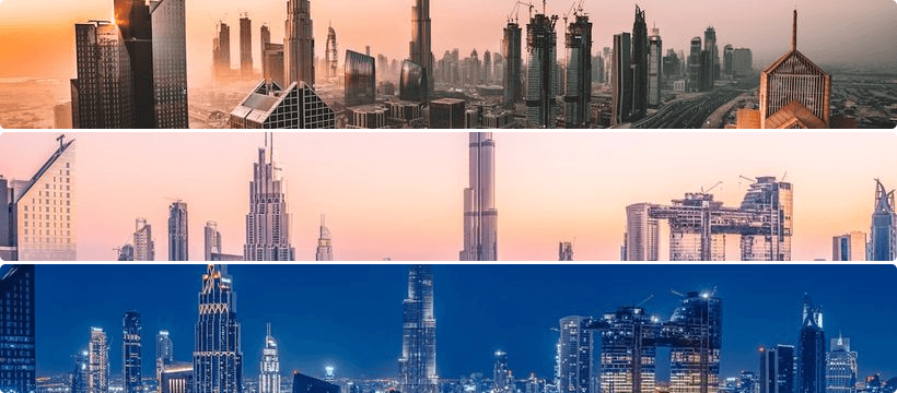 Dubai area map infographic: Downtown, Marina, Old Dubai, JBR and Desert compared with Metro lines and district highlights