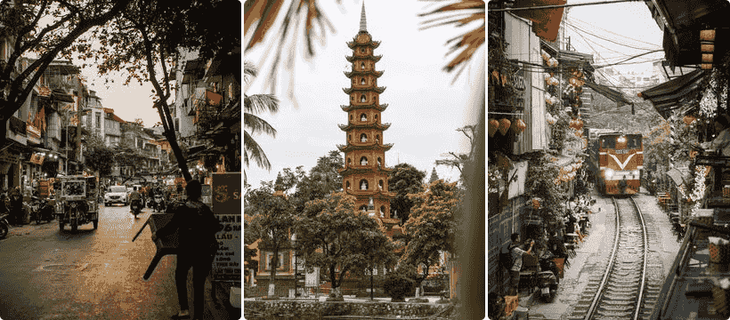 Hanoi area map infographic: Old Quarter, Hoan Kiem, French Quarter, West Lake and Halong Bay compared with transport routes and district highlights